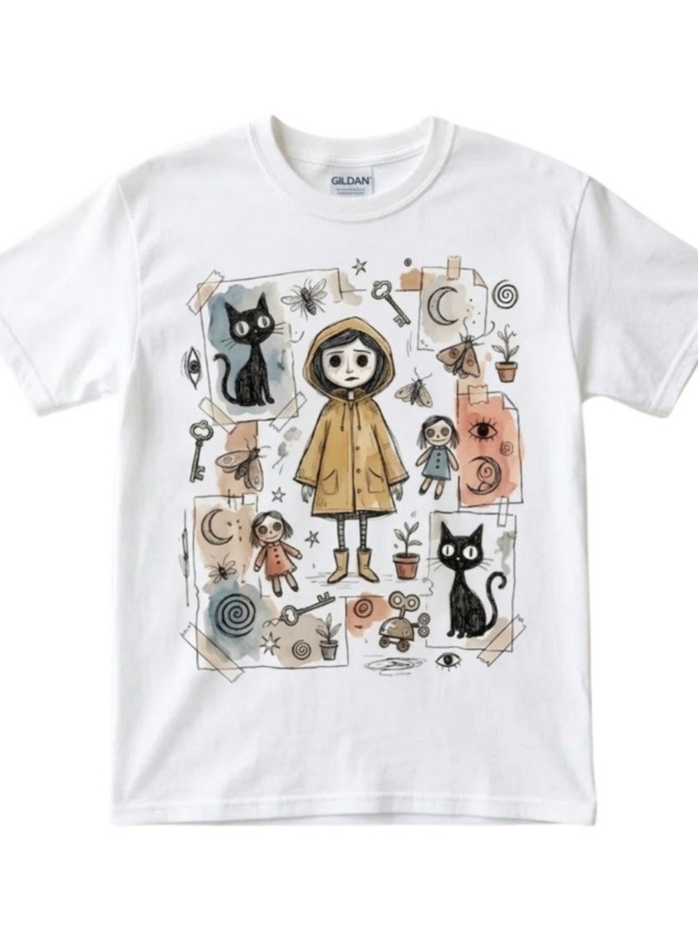 Gildan White cat illustration doll cartoon character graphic T-shirt
